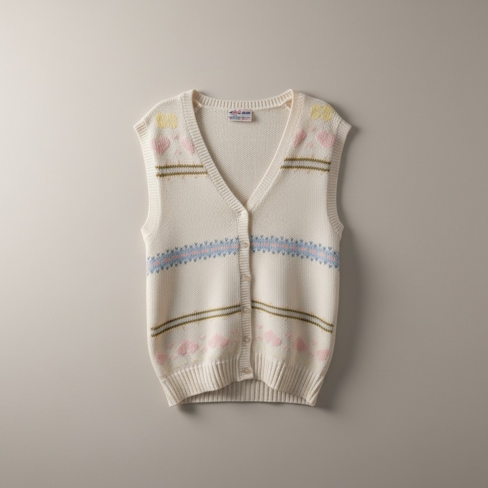 Vintage Cream Knit Sweater Vest Pastel Heart Pattern Button Front Cottagecore